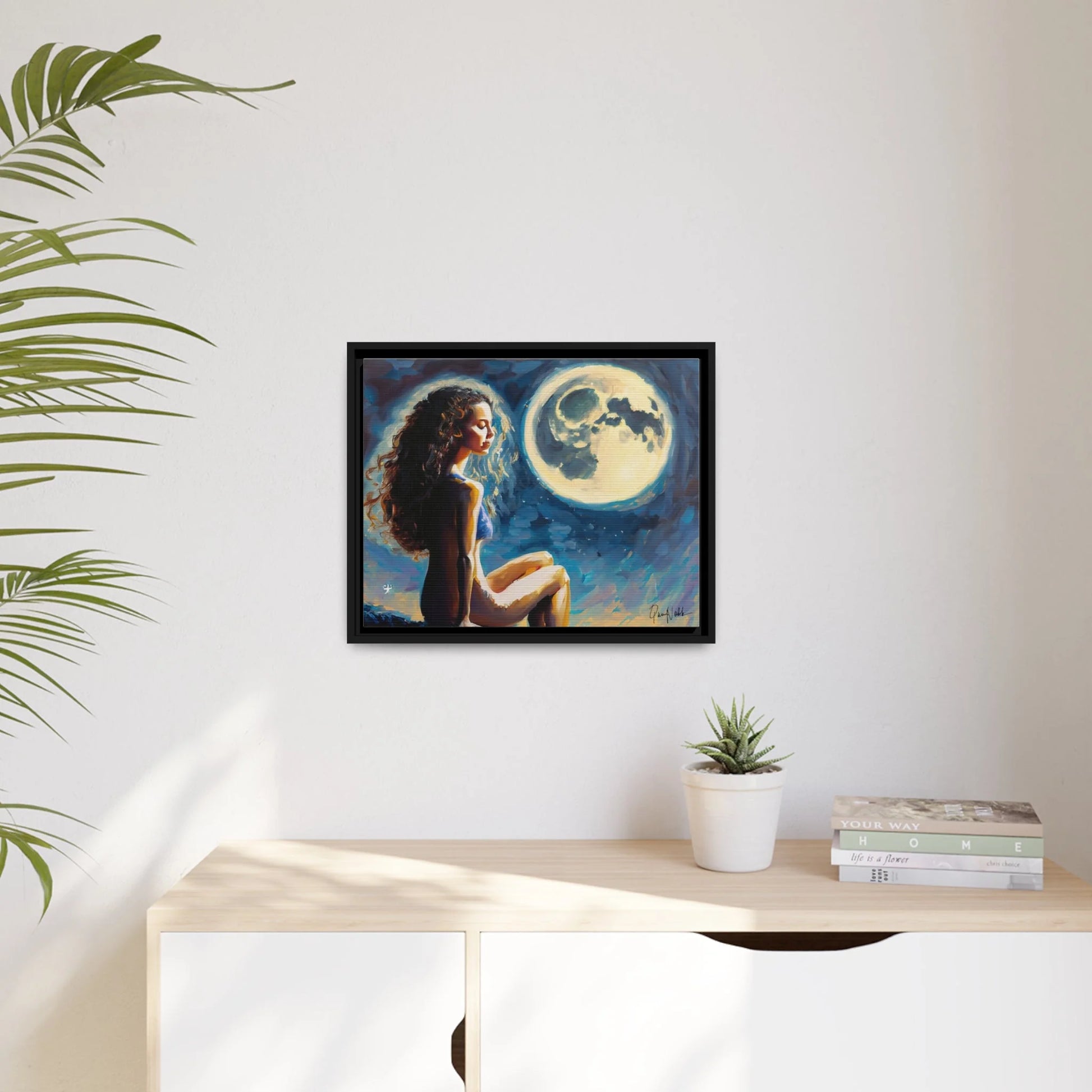 Canvas Wall Art - a Woman on a Rock with a Full Moon by Queennoble