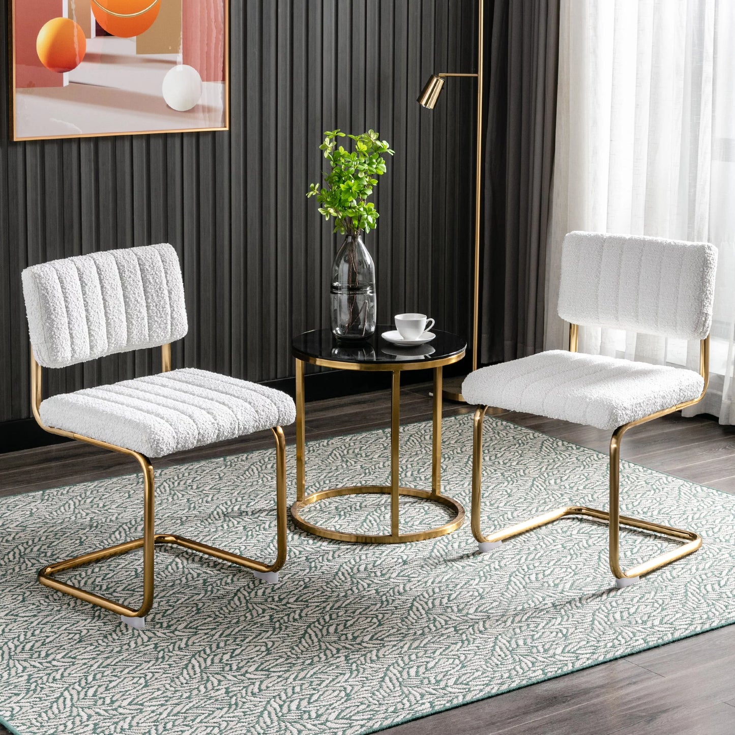 Boucle Fabric Dining Chairs Set of 2, Mid-Century Modern Kitchen Chairs with Golden Metal Base, Tufted Upholstered Side Chairs for Dining Living Room, White