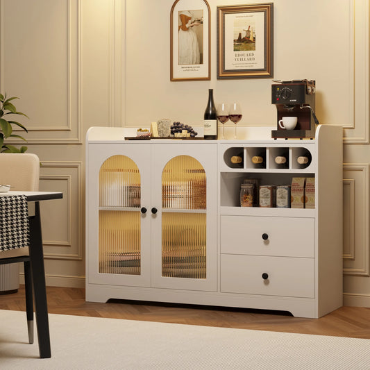 Wine Bar Cabinet with Drawers and Wine Rack and Glass Door