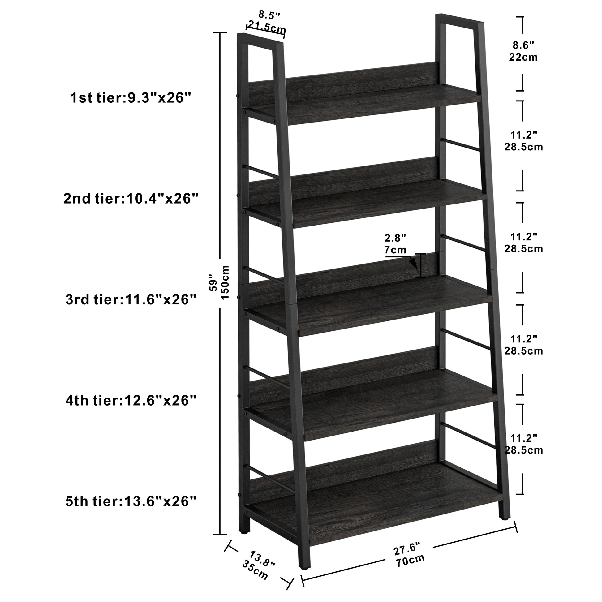 Bookshelves and Bookcases, Ladder Shelf 5 Tier Home Office, Charcoal Grey