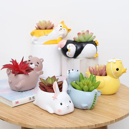 Cartoon Animal Planter for Succulents Cactus Plants, Cute Duck Bunny Corgi Flower Pot, Fairy Garden Decoration Tabletop Decor