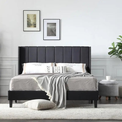 Queen Bed Frame with Headboard, Upholstered Platform Bedframe, Mattress Foundation, Wooden Slats Support, No Box Spring Needed