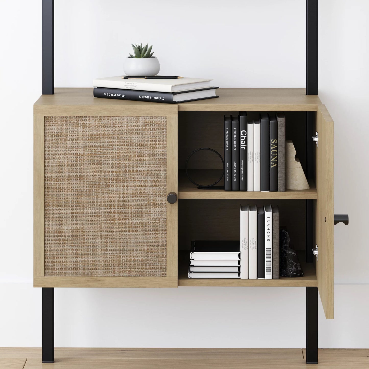 Theo Open Shelf Bookcase with Rattan Drawers in Light Oak Wood and Matte Black Frame