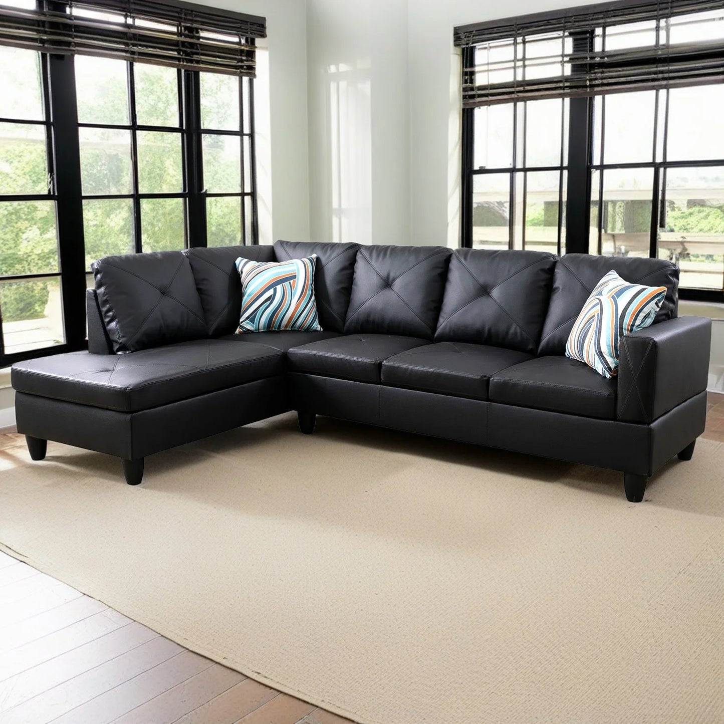 Faux L-Shaped Leather 4-Seat Couch Set Black(Without Ottoman)