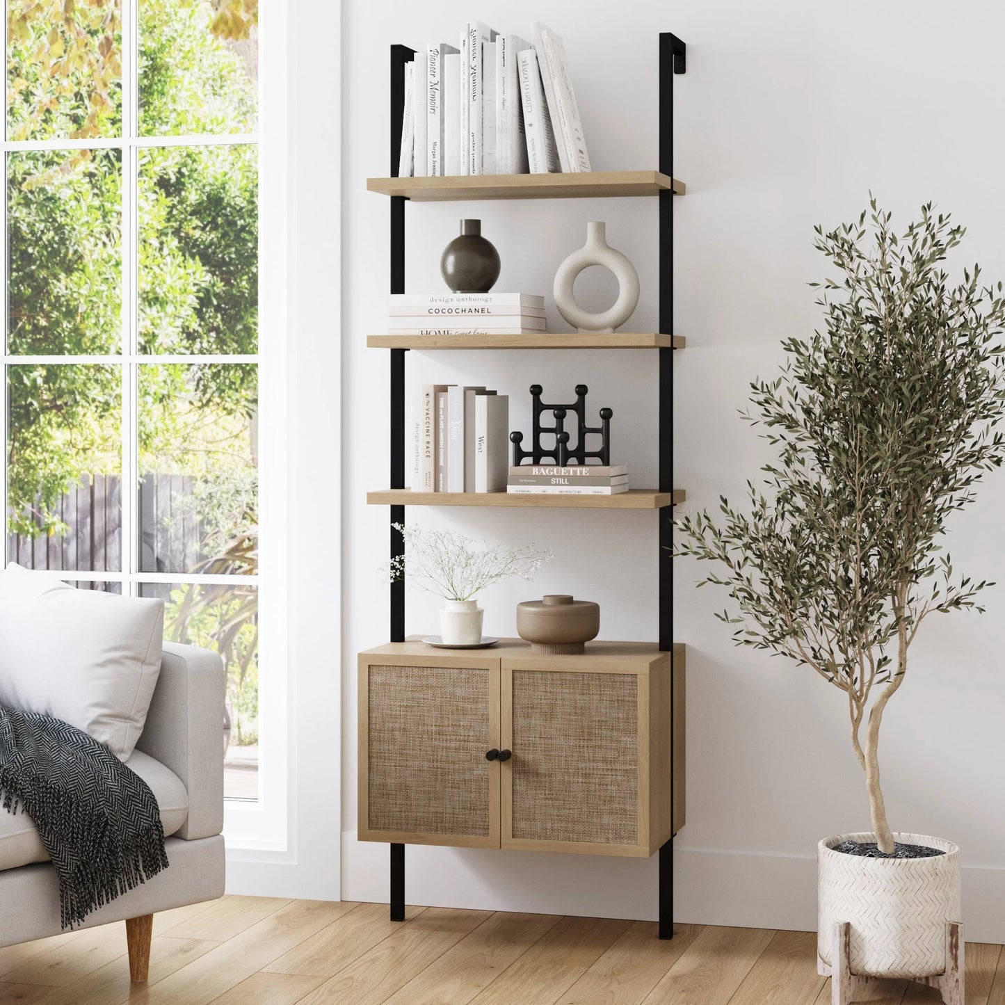 Theo Open Shelf Bookcase with Rattan Drawers in Light Oak Wood and Matte Black Frame