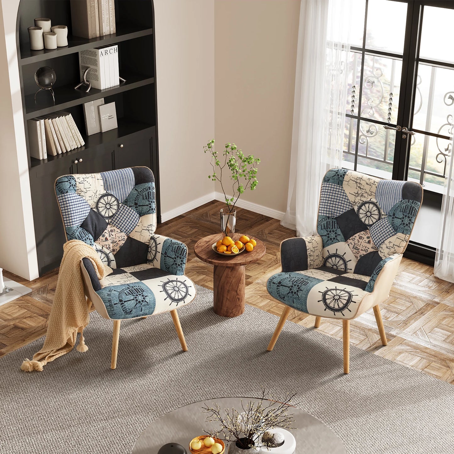 Patchwork Accent Chairs Set of 2 Chairs, Navy Blue