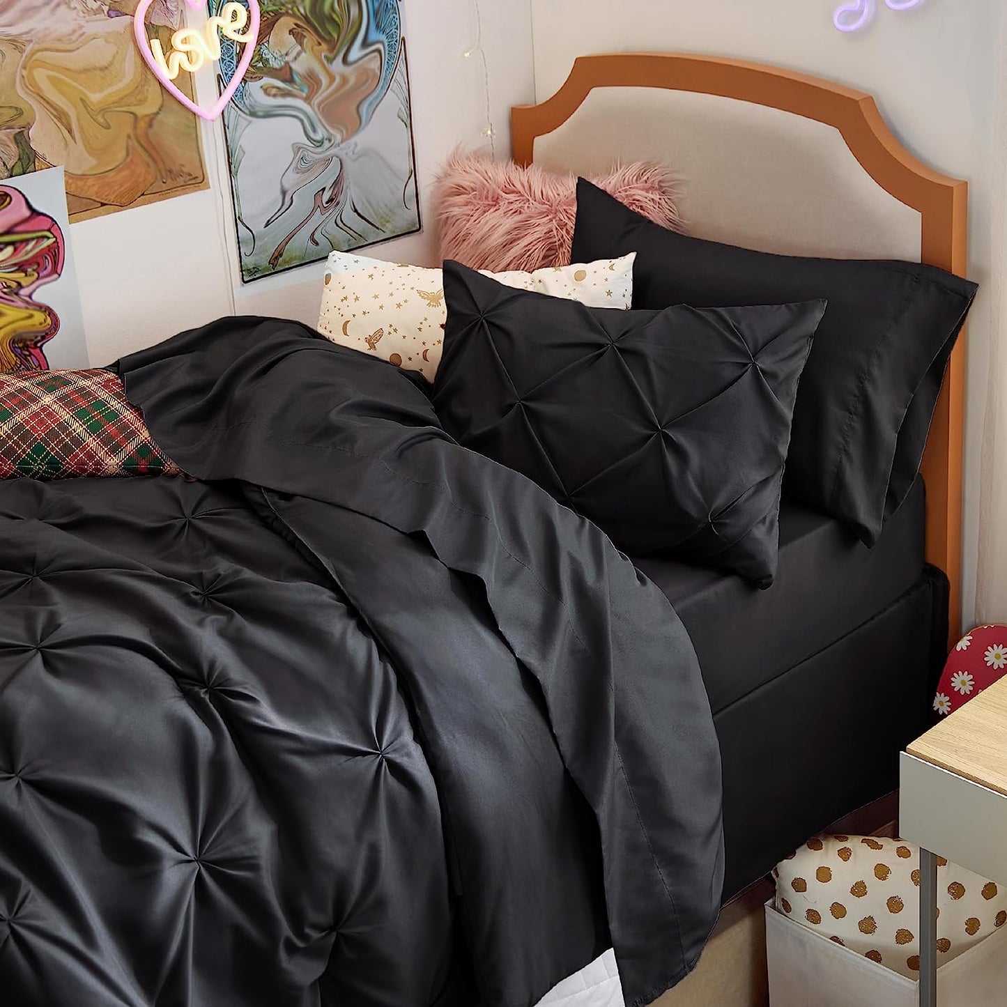 Black Twin Comforter Set with Sheets - 5 Pieces Twin Bedding Sets, Pinch Pleat Twin Bed in a Bag with Comforter, Sheets, Pillowcase & Sham