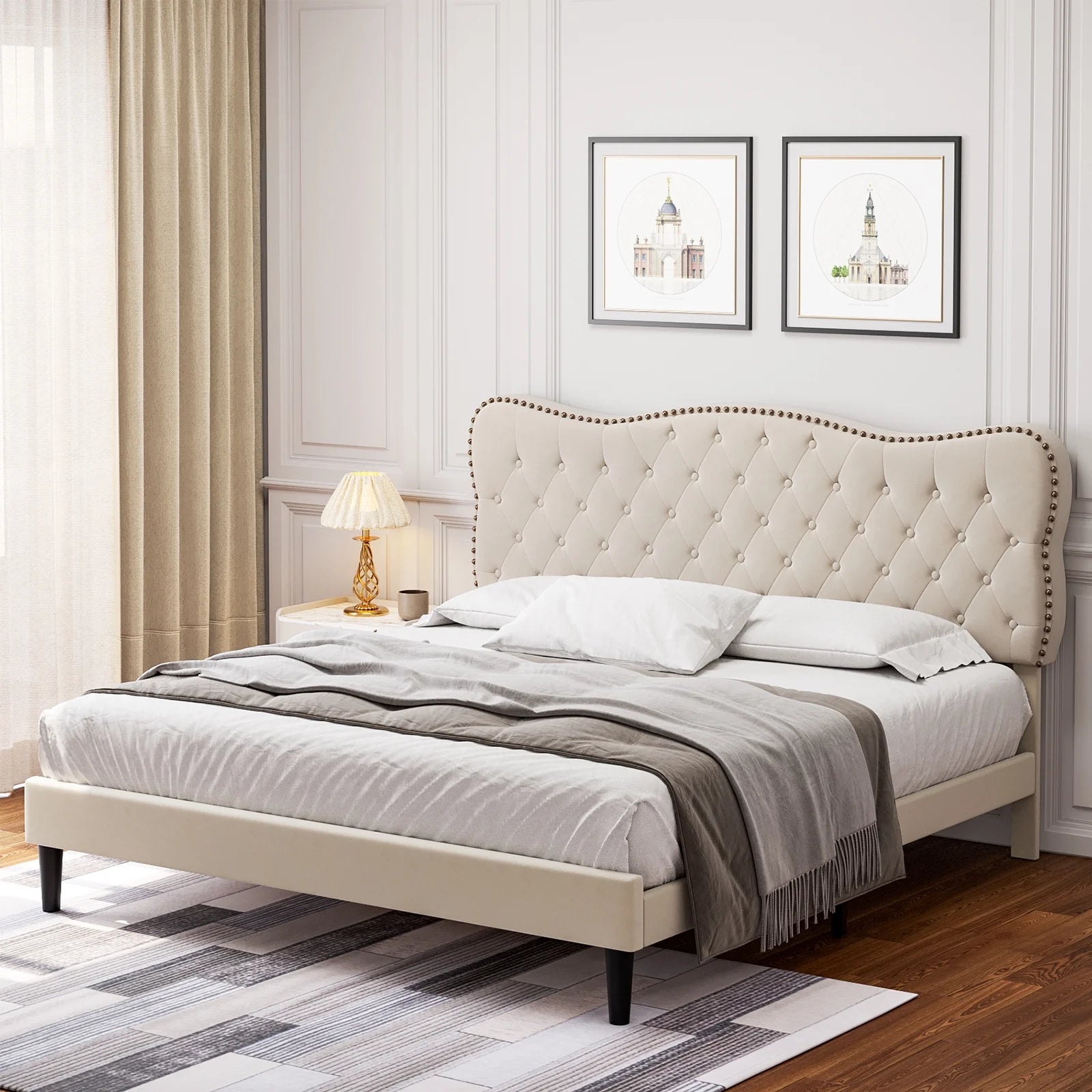 King Size Bed Frame, Linen Upholstered Platform Bed with Button Tufted Adjustable Headboard for Bedroom, Beige