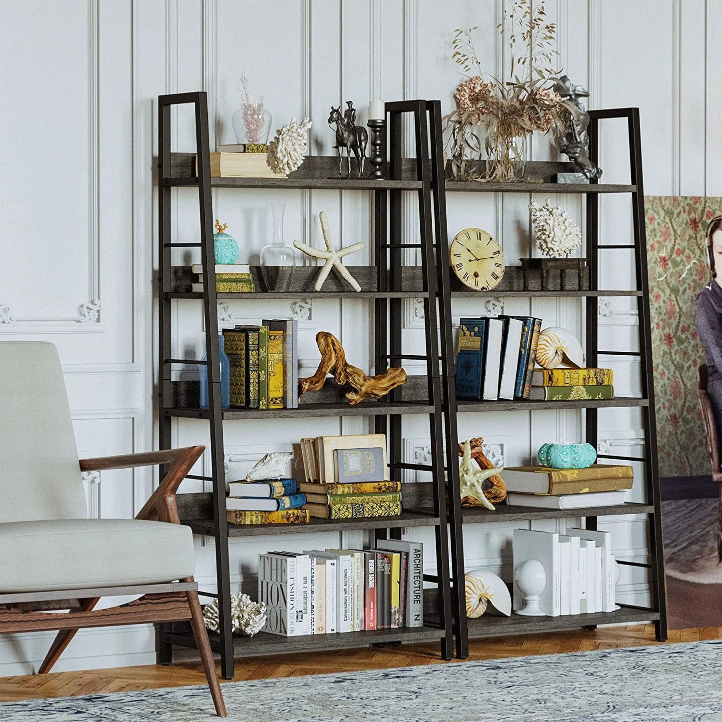 Bookshelves and Bookcases, Ladder Shelf 5 Tier Home Office, Charcoal Grey