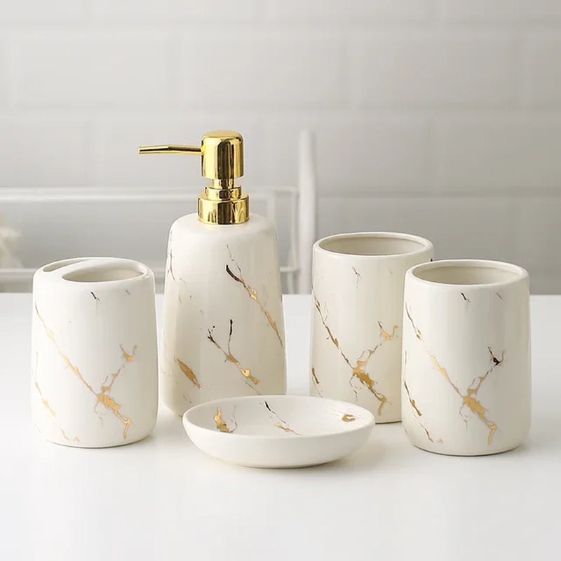 Ceramic Toiletries Bathroom Set Marble Porcelain Cup Toothbrush Holder / Soap Dispenser / Tray Bathroom Decoration Accessories