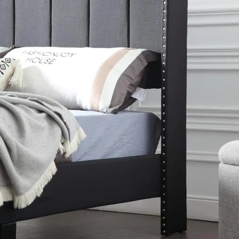 Queen Bed Frame with Headboard, Upholstered Platform Bedframe, Mattress Foundation, Wooden Slats Support, No Box Spring Needed