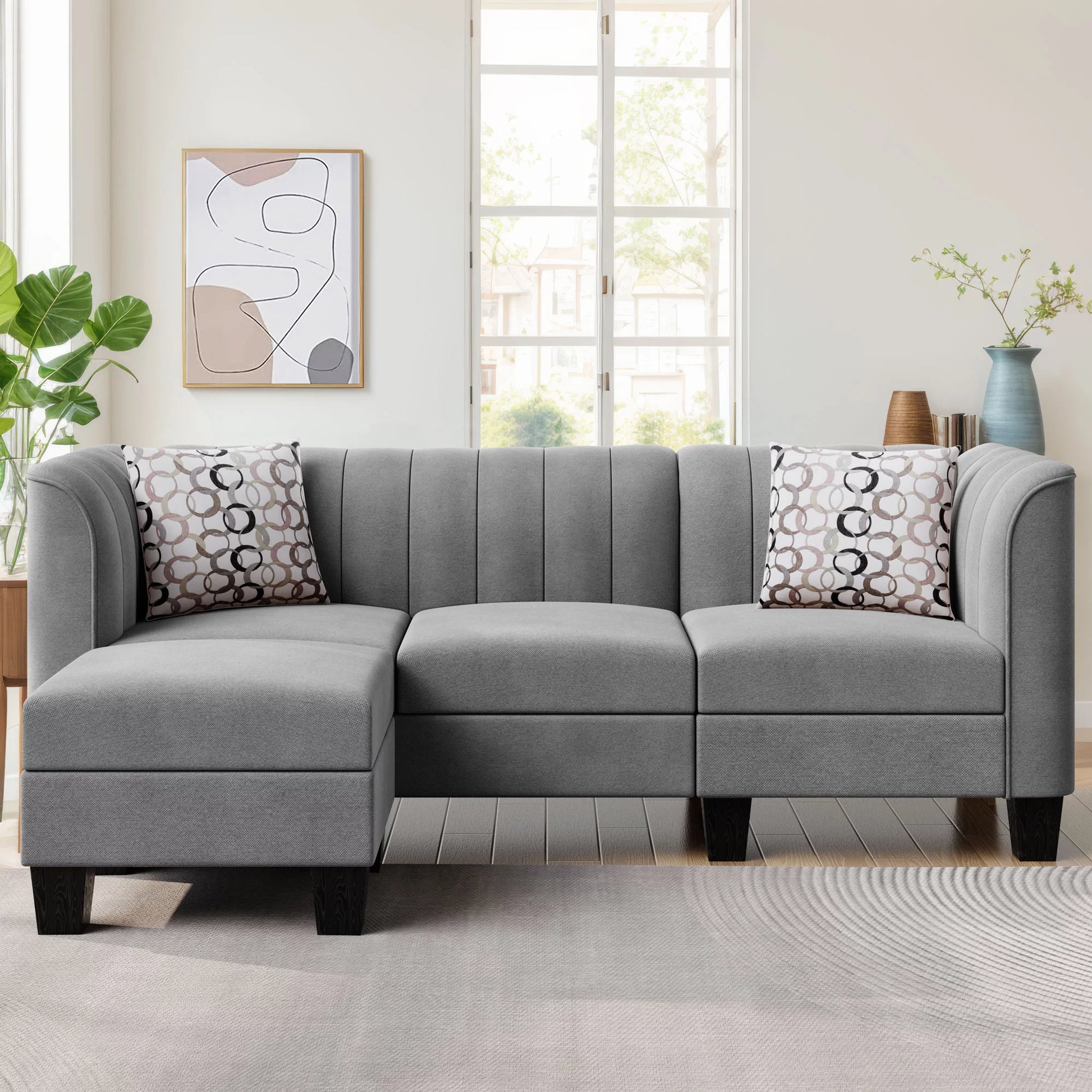 Small 3-Seat L Shaped Sectional Sofa with Linen Fabric, Light Grey