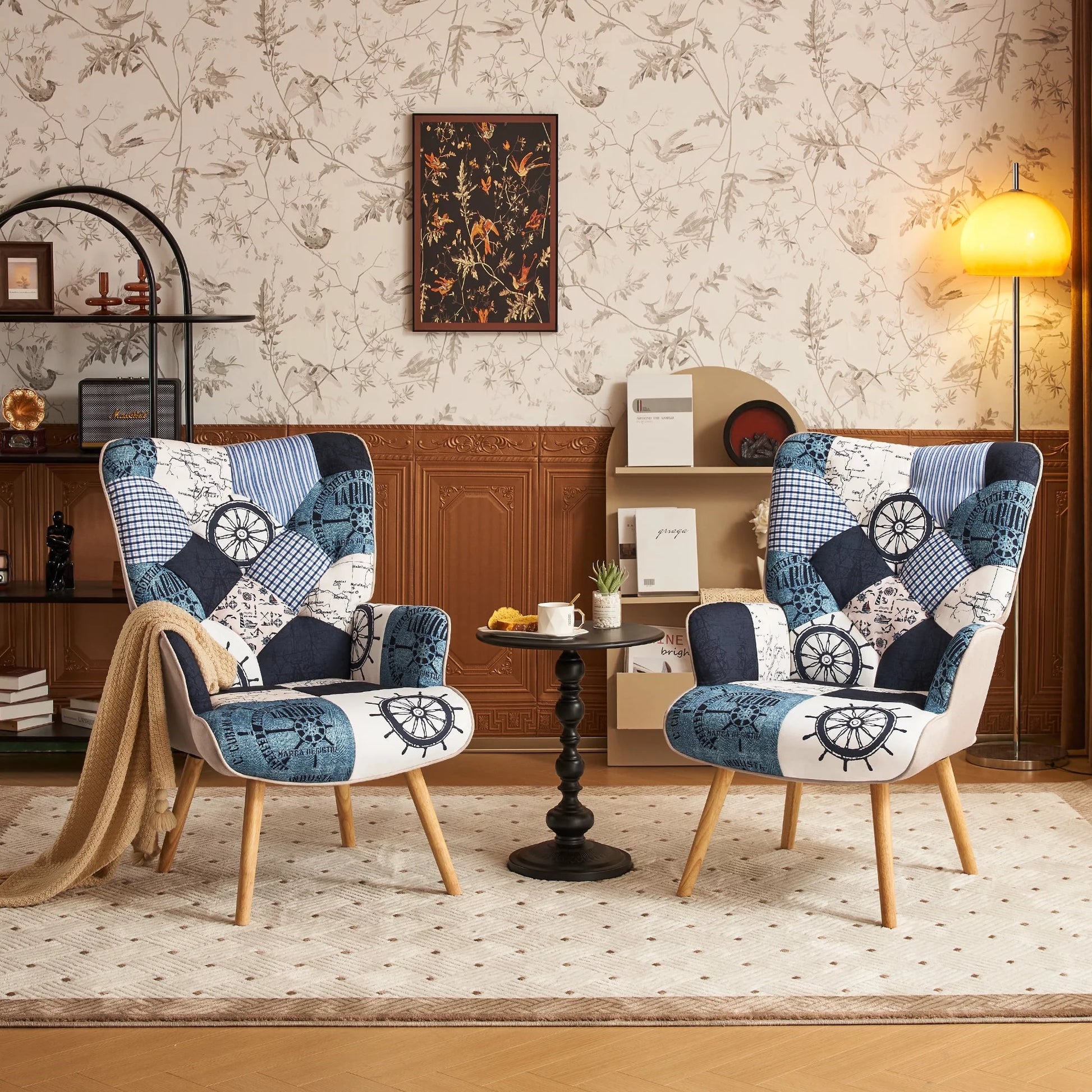 Patchwork Accent Chairs Set of 2 Chairs, Navy Blue