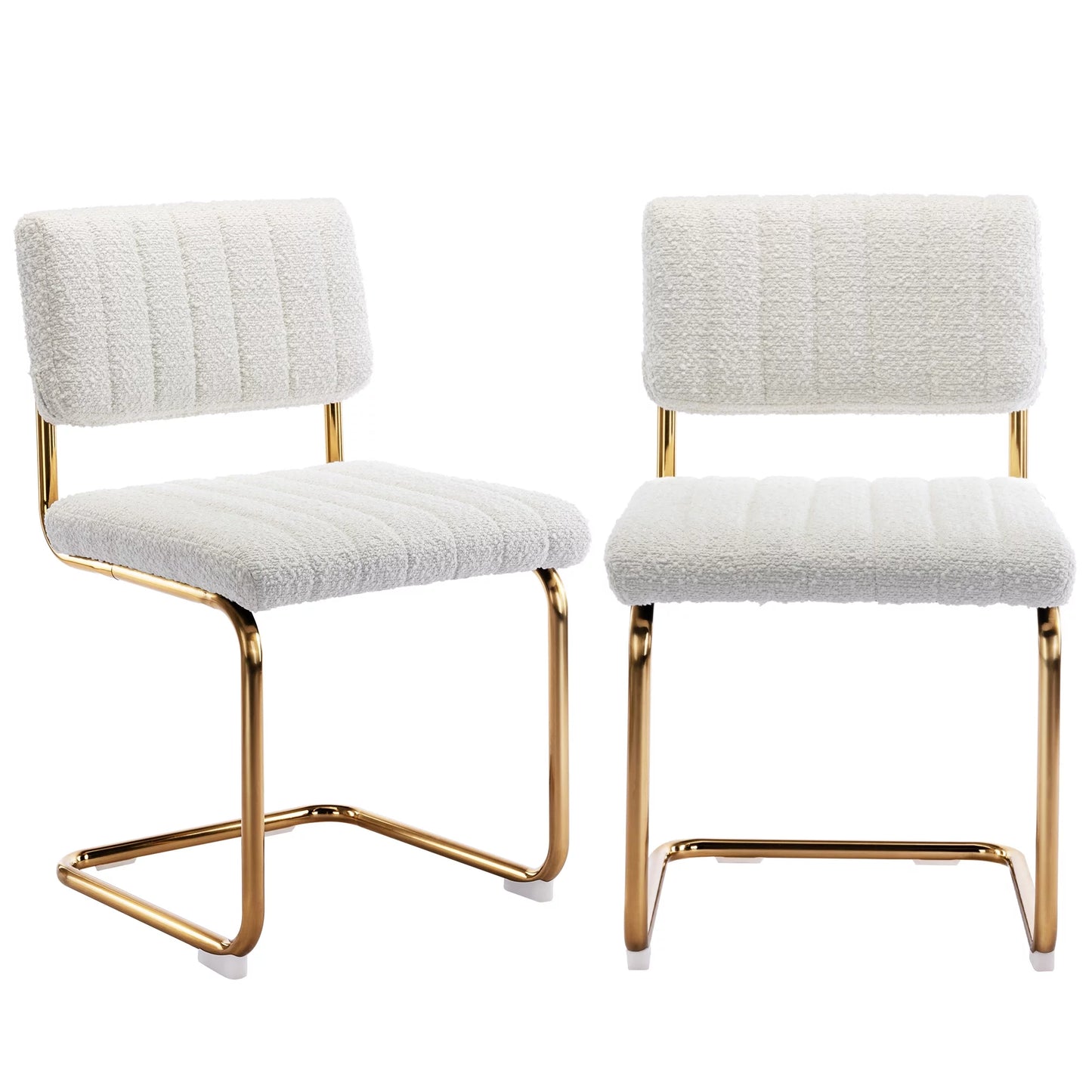 Boucle Fabric Dining Chairs Set of 2, Mid-Century Modern Kitchen Chairs with Golden Metal Base, Tufted Upholstered Side Chairs for Dining Living Room, White