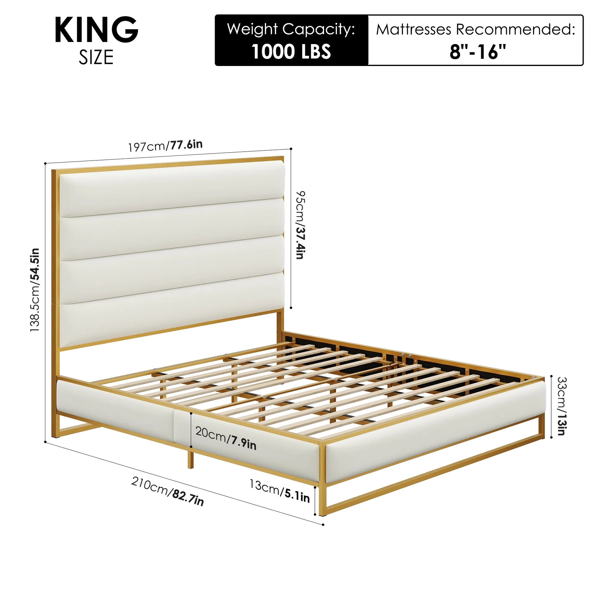 54.5" Tall Bed Frame with Velvet Upholstered Platform Bed with Metal Frame, Off-White King Size