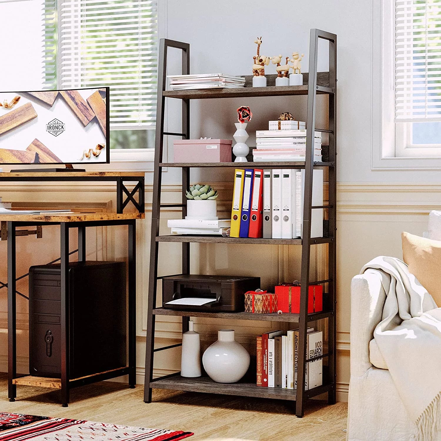 Bookshelves and Bookcases, Ladder Shelf 5 Tier Home Office, Charcoal Grey