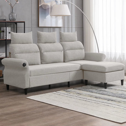 L-Shaped Couch with Storage Ottoman and 2 USB Ports,Light Grey