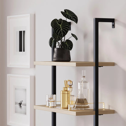 Theo Open Shelf Bookcase with Rattan Drawers in Light Oak Wood and Matte Black Frame