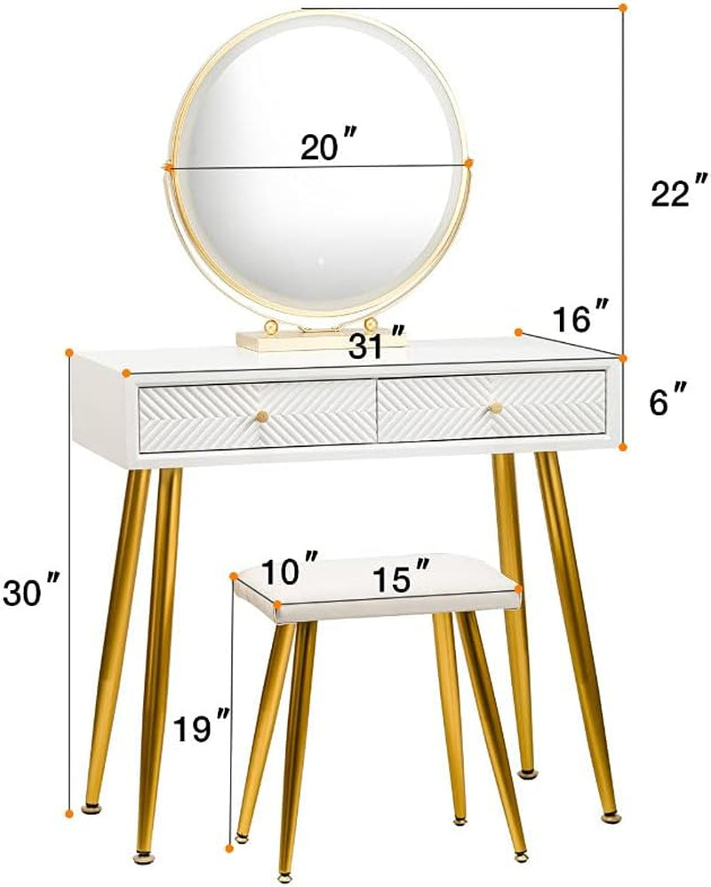 Vanity Table Set with 3 Modes Adjustable Brightness Mirror and Cushioned Stool, White Dressing Table Vanity Makeup Table