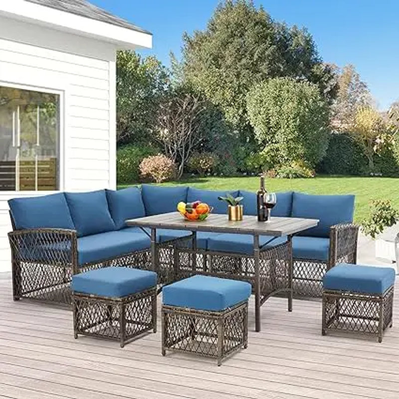 Patio Furniture Set 7 Pieces Outdoor Patio Furniture with Dining Table&Chair All Weather Wicker Conversation Set Withottoman