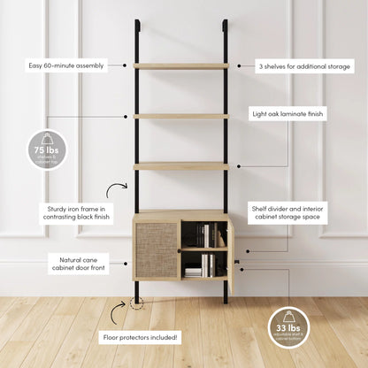 Theo Open Shelf Bookcase with Rattan Drawers in Light Oak Wood and Matte Black Frame