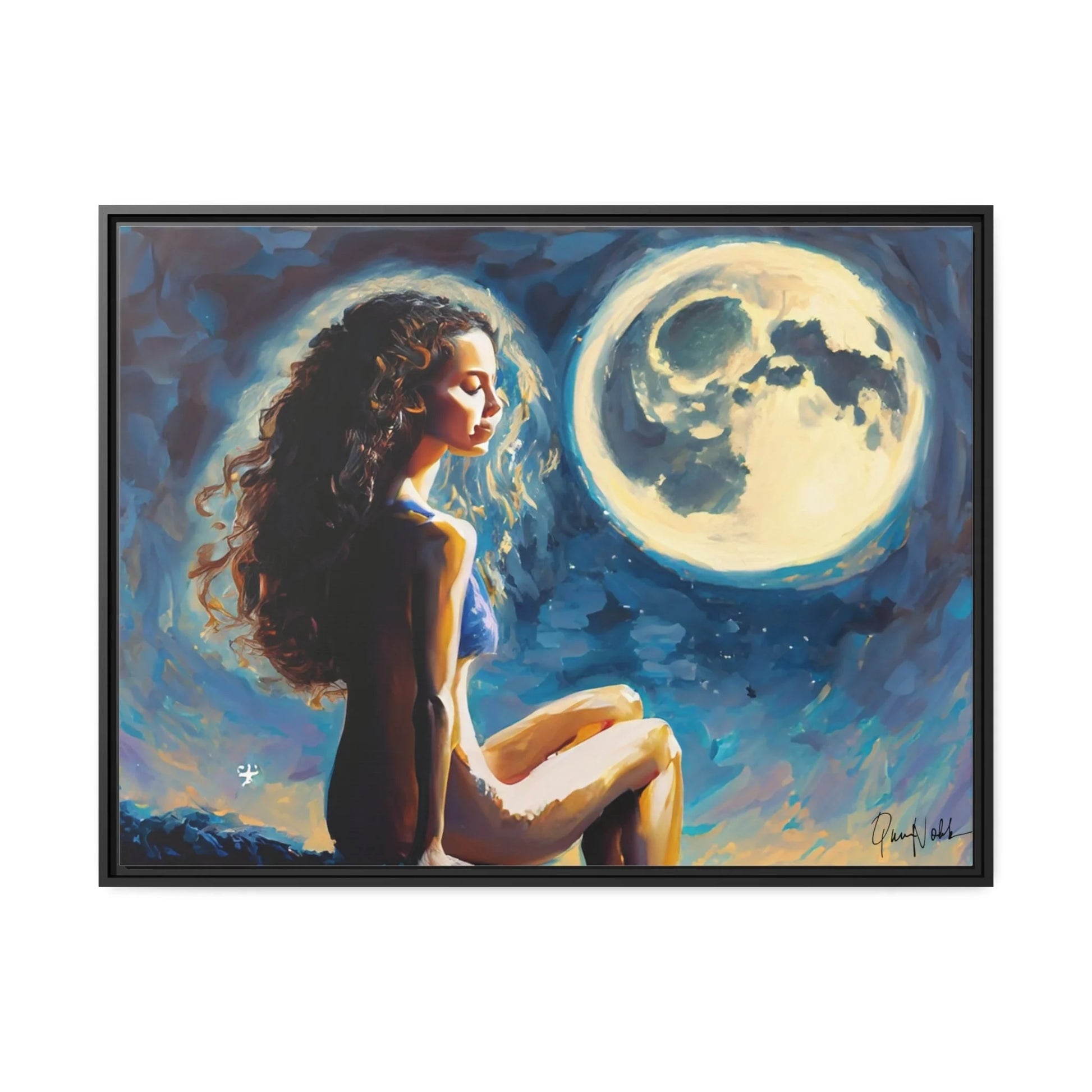 Canvas Wall Art - a Woman on a Rock with a Full Moon by Queennoble