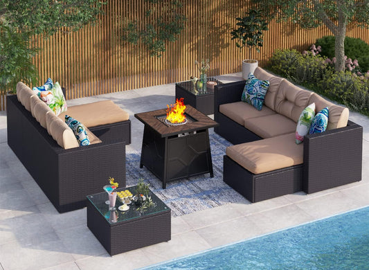 Outdoor Patio Furniture Set,7 Pieces Outdoor Wicker PE Rattan Sectional Sofa Conversation Set with 28" Gas Propane Fire Pit Table,Cushions & Glass Table-Beige