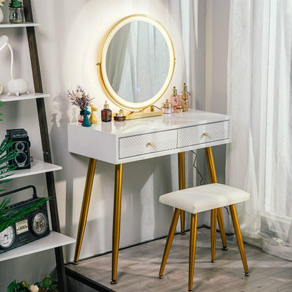 Vanity Table Set with 3 Modes Adjustable Brightness Mirror and Cushioned Stool, White Dressing Table Vanity Makeup Table