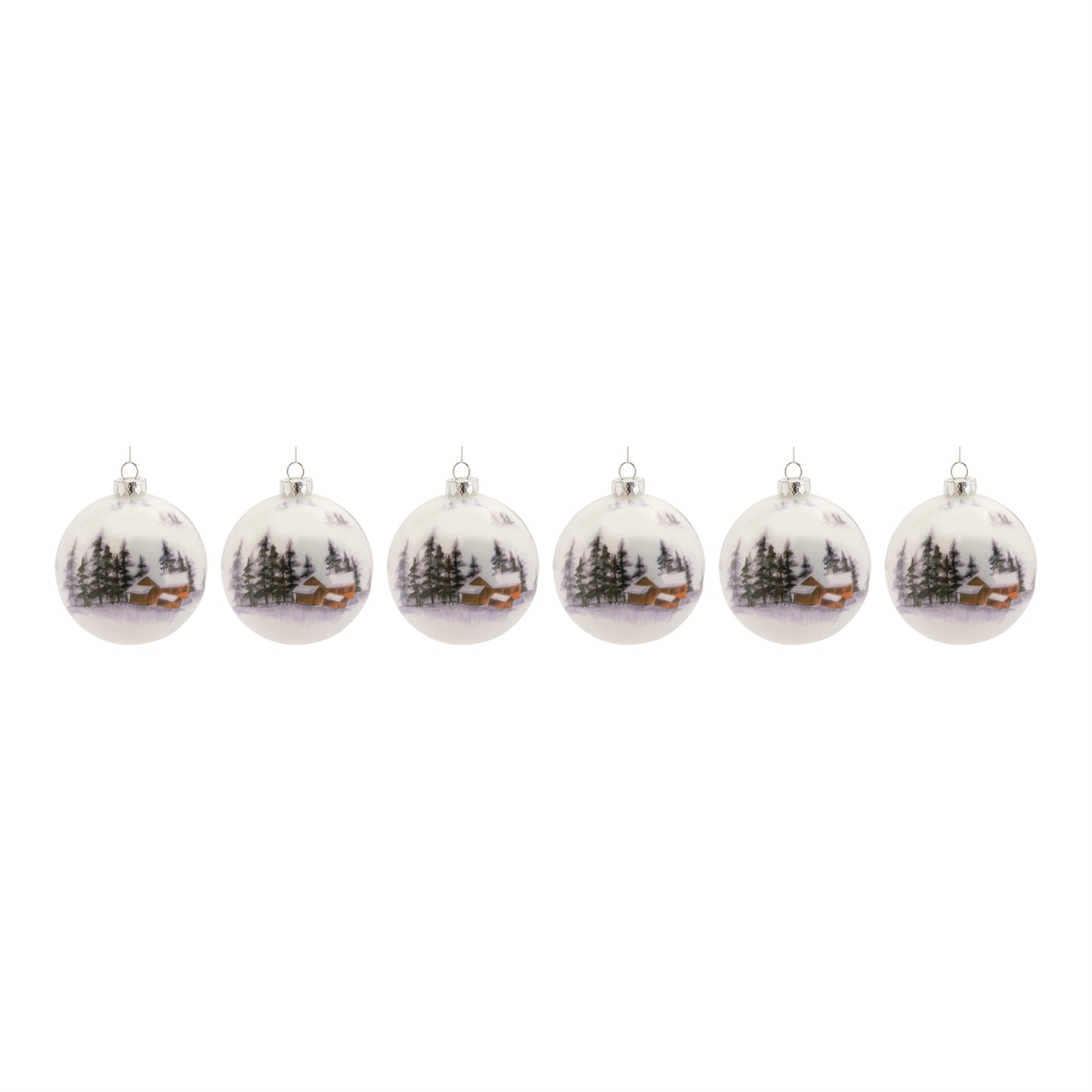 Ball Ornament w/Cabin (Set of 6) 4"D Glass