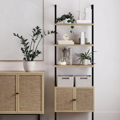 Theo Open Shelf Bookcase with Rattan Drawers in Light Oak Wood and Matte Black Frame