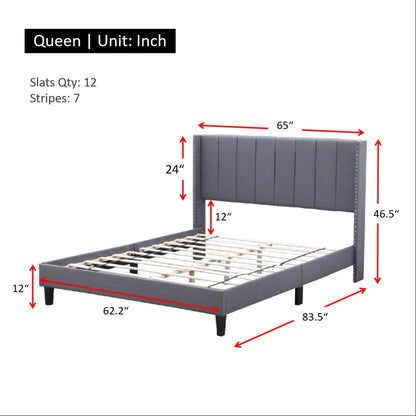 Queen Bed Frame with Headboard, Upholstered Platform Bedframe, Mattress Foundation, Wooden Slats Support, No Box Spring Needed