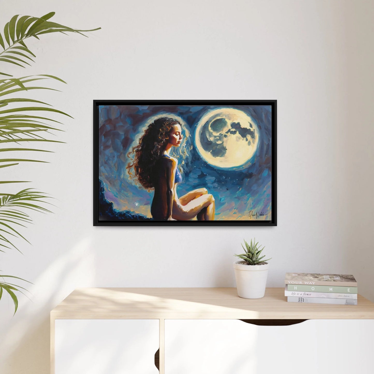 Canvas Wall Art - a Woman on a Rock with a Full Moon by Queennoble