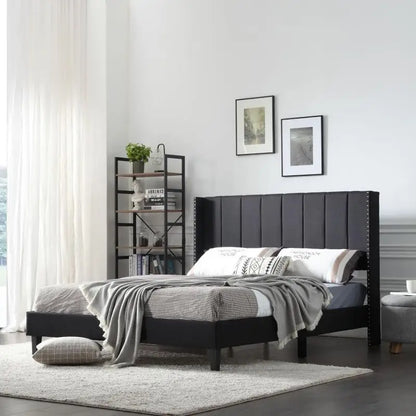 Queen Bed Frame with Headboard, Upholstered Platform Bedframe, Mattress Foundation, Wooden Slats Support, No Box Spring Needed