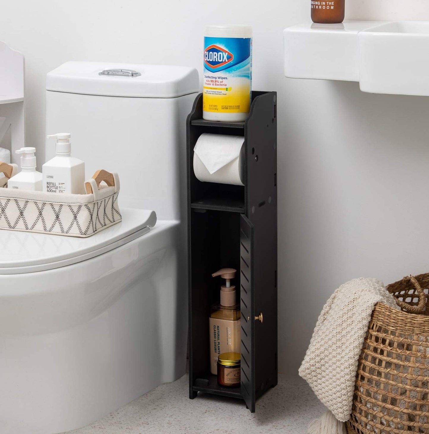 Toilet Paper Holder Stand: Small Bathroom Storage Cabinet