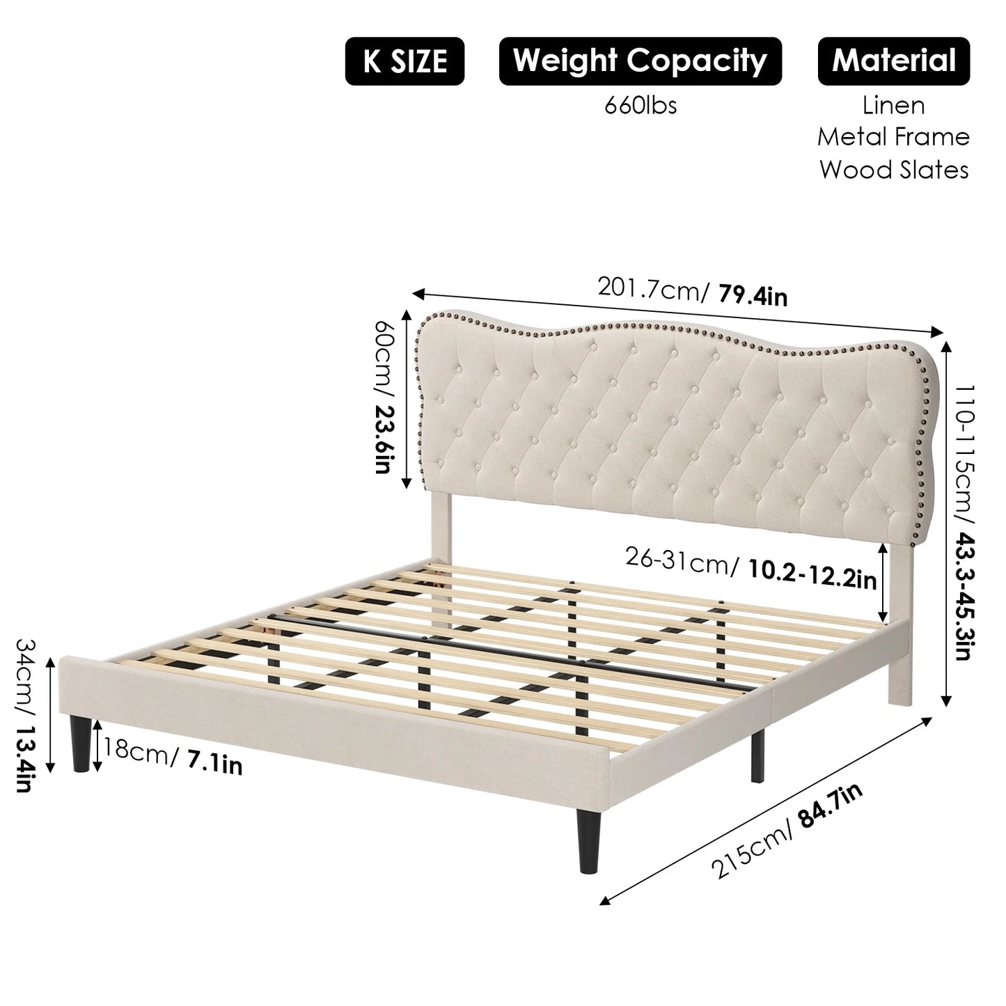 King Size Bed Frame, Linen Upholstered Platform Bed with Button Tufted Adjustable Headboard for Bedroom, Beige