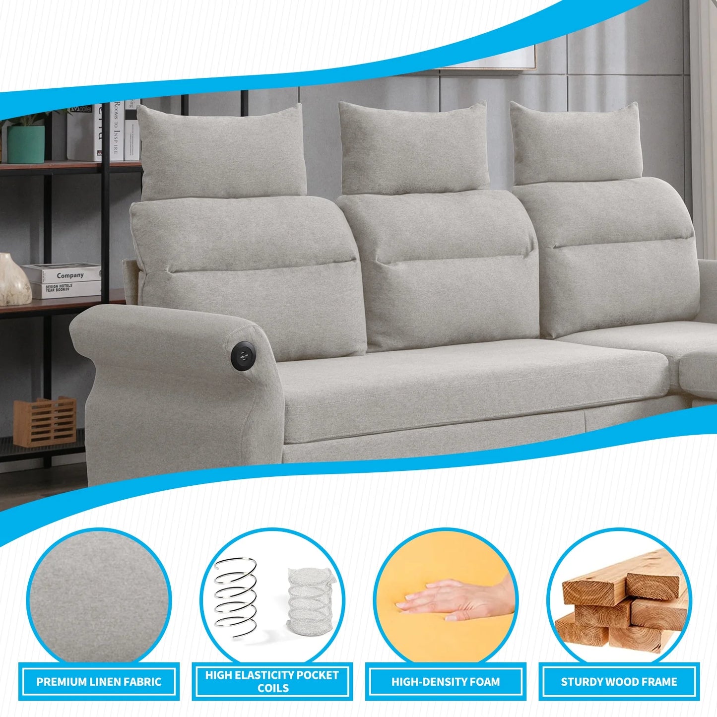 L-Shaped Couch with Storage Ottoman and 2 USB Ports,Light Grey