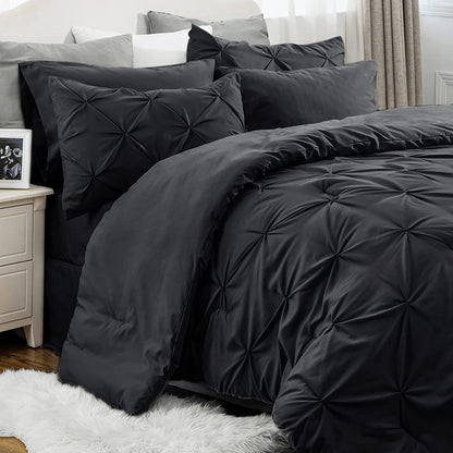 Black Twin Comforter Set with Sheets - 5 Pieces Twin Bedding Sets, Pinch Pleat Twin Bed in a Bag with Comforter, Sheets, Pillowcase & Sham