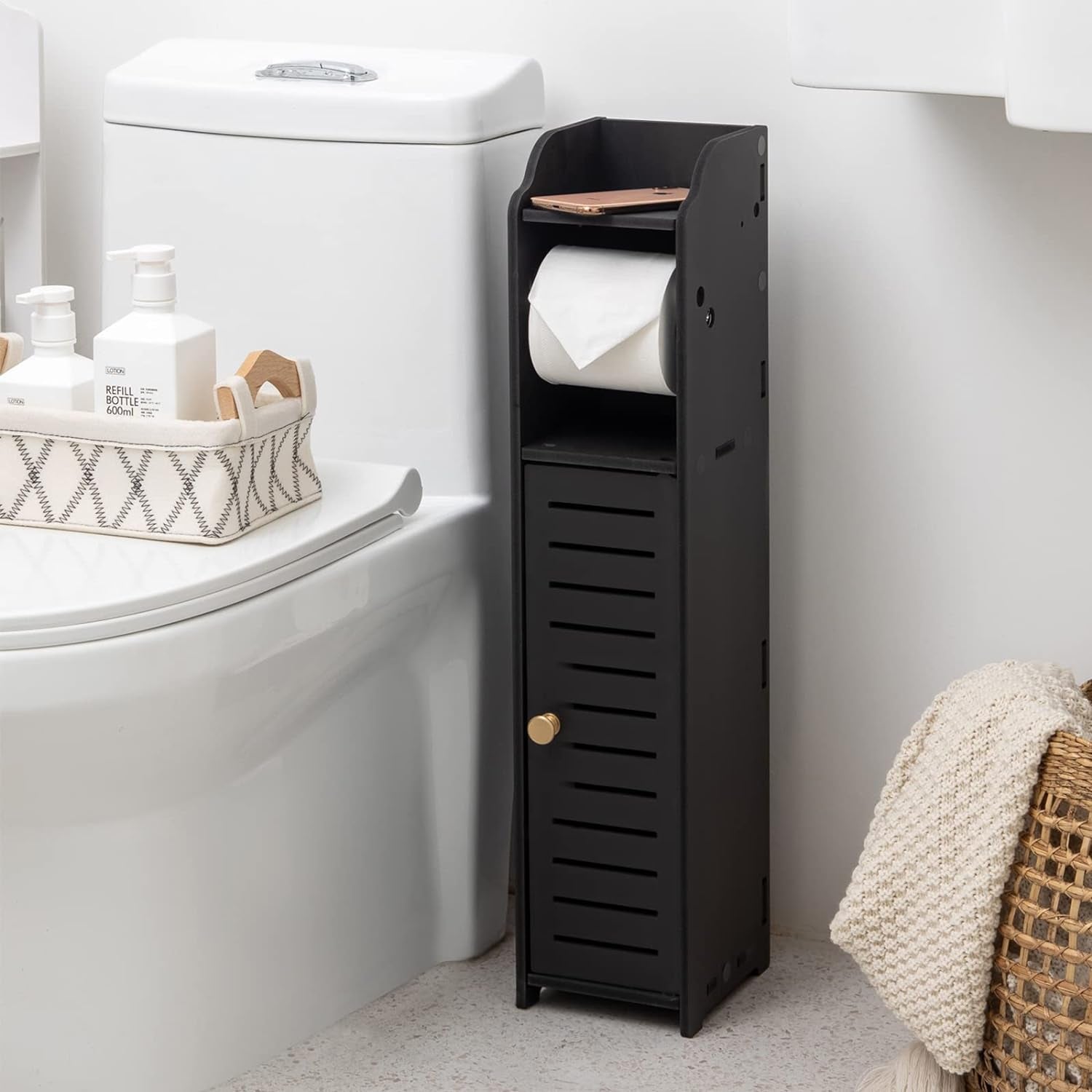 Toilet Paper Holder Stand: Small Bathroom Storage Cabinet