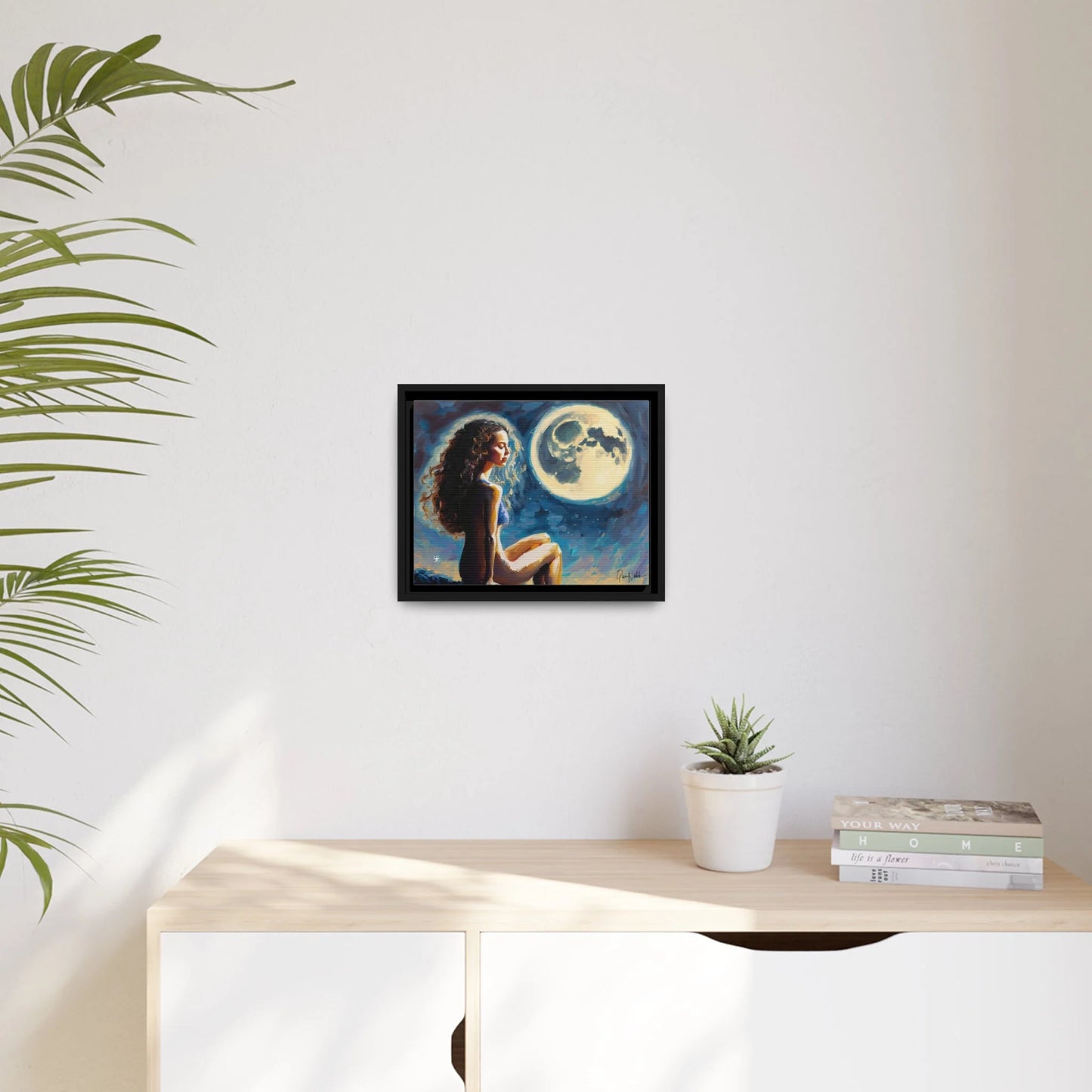 Canvas Wall Art - a Woman on a Rock with a Full Moon by Queennoble