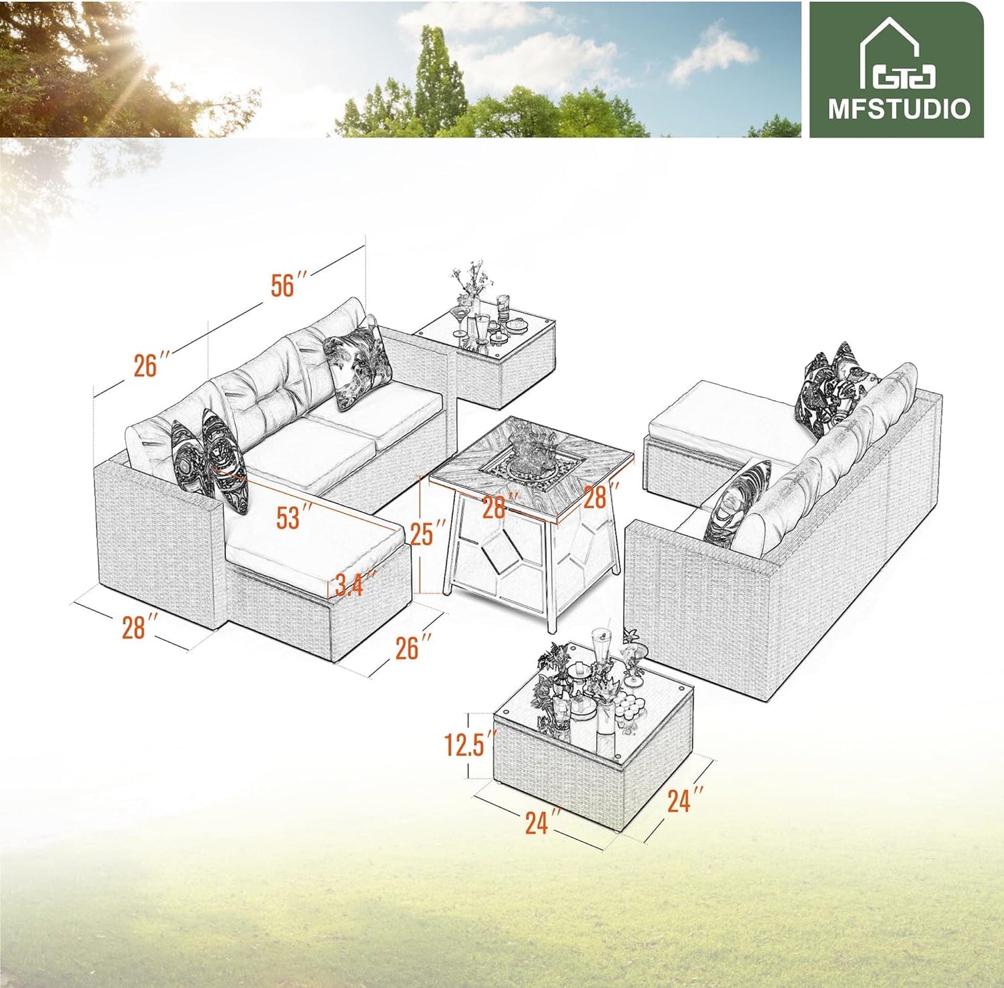 Outdoor Patio Furniture Set,7 Pieces Outdoor Wicker PE Rattan Sectional Sofa Conversation Set with 28" Gas Propane Fire Pit Table,Cushions & Glass Table-Beige