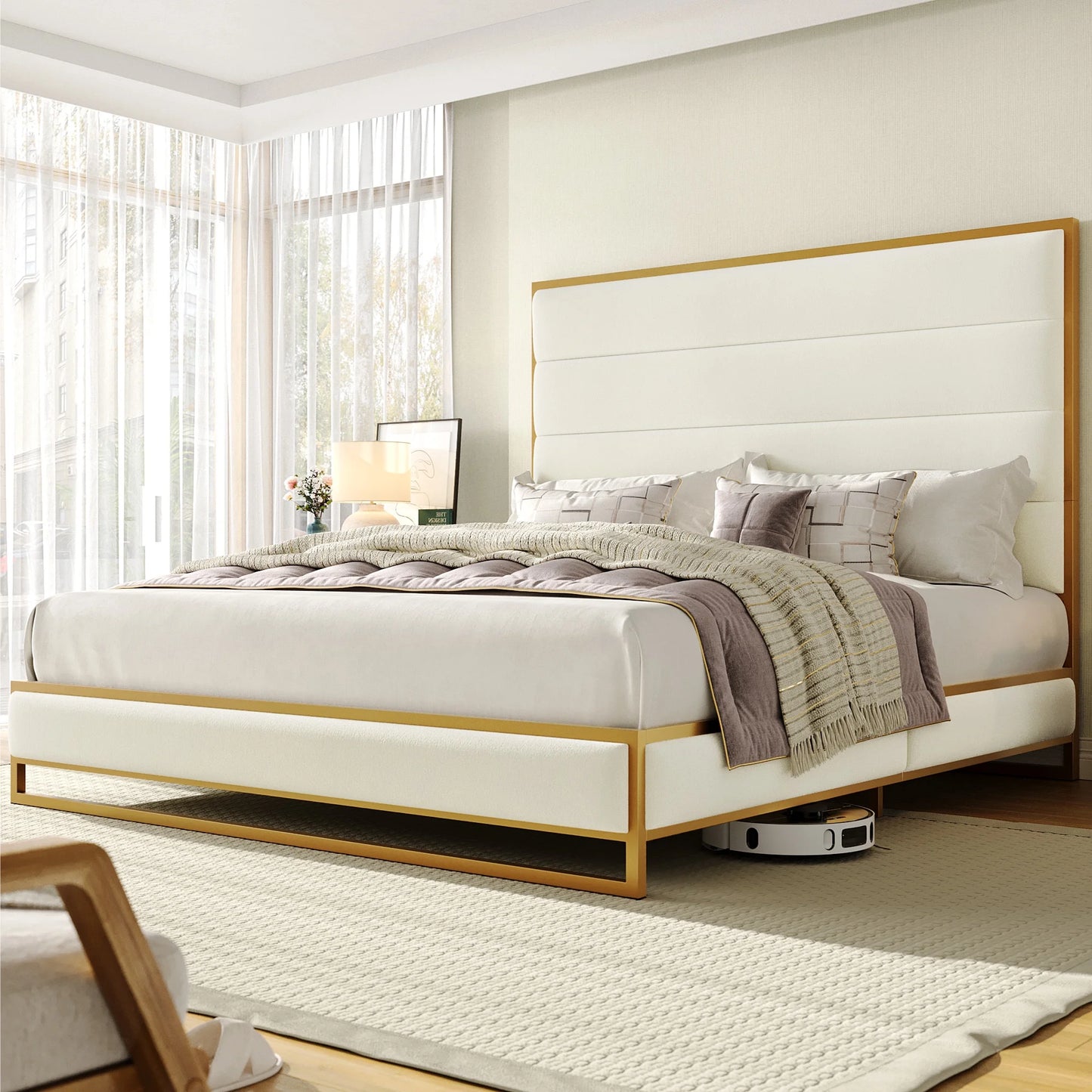 54.5" Tall Bed Frame with Velvet Upholstered Platform Bed with Metal Frame, Off-White King Size