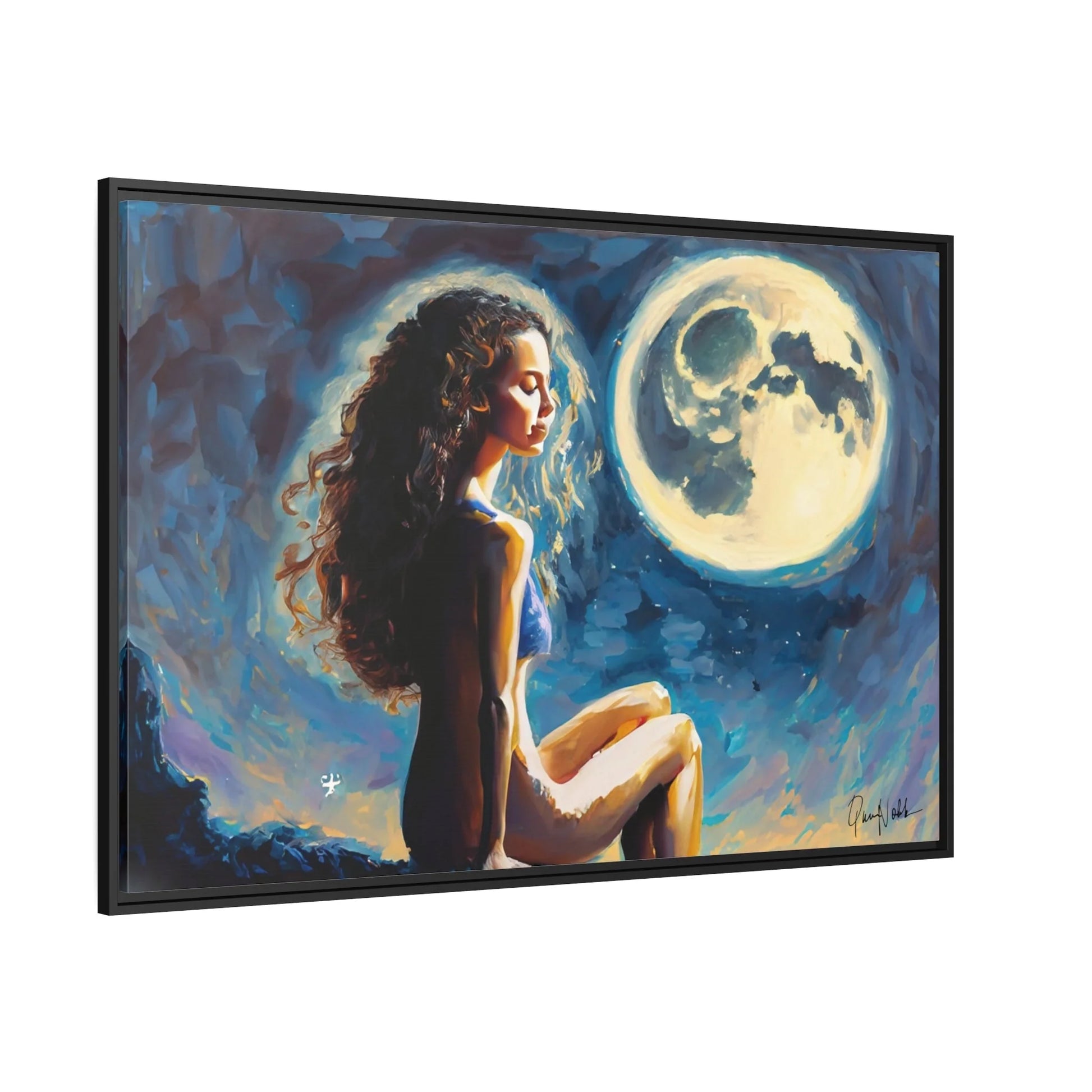 Canvas Wall Art - a Woman on a Rock with a Full Moon by Queennoble