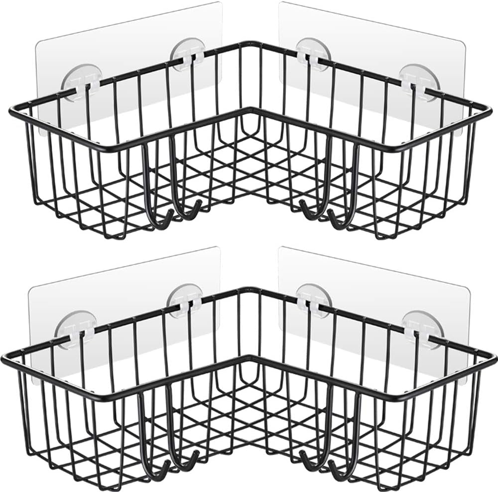 Corner Shower Caddy 2-Pack, Wall Mounted Bathroom Shelf, 304 Stainless Steel Wide Space Shower Shelf with Adhesive, Hanging Storage Organizer Strong and Sturdy for Kitchen (Black)