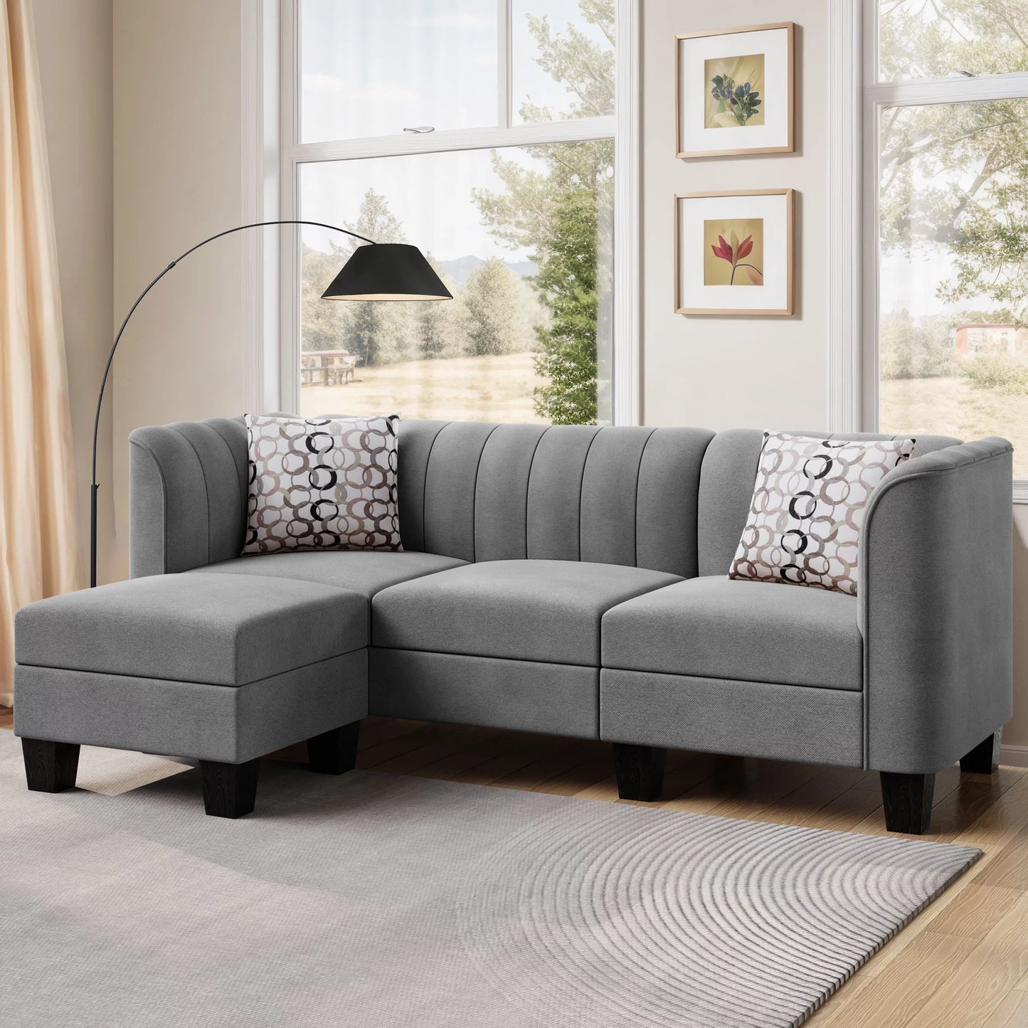 Small 3-Seat L Shaped Sectional Sofa with Linen Fabric, Light Grey