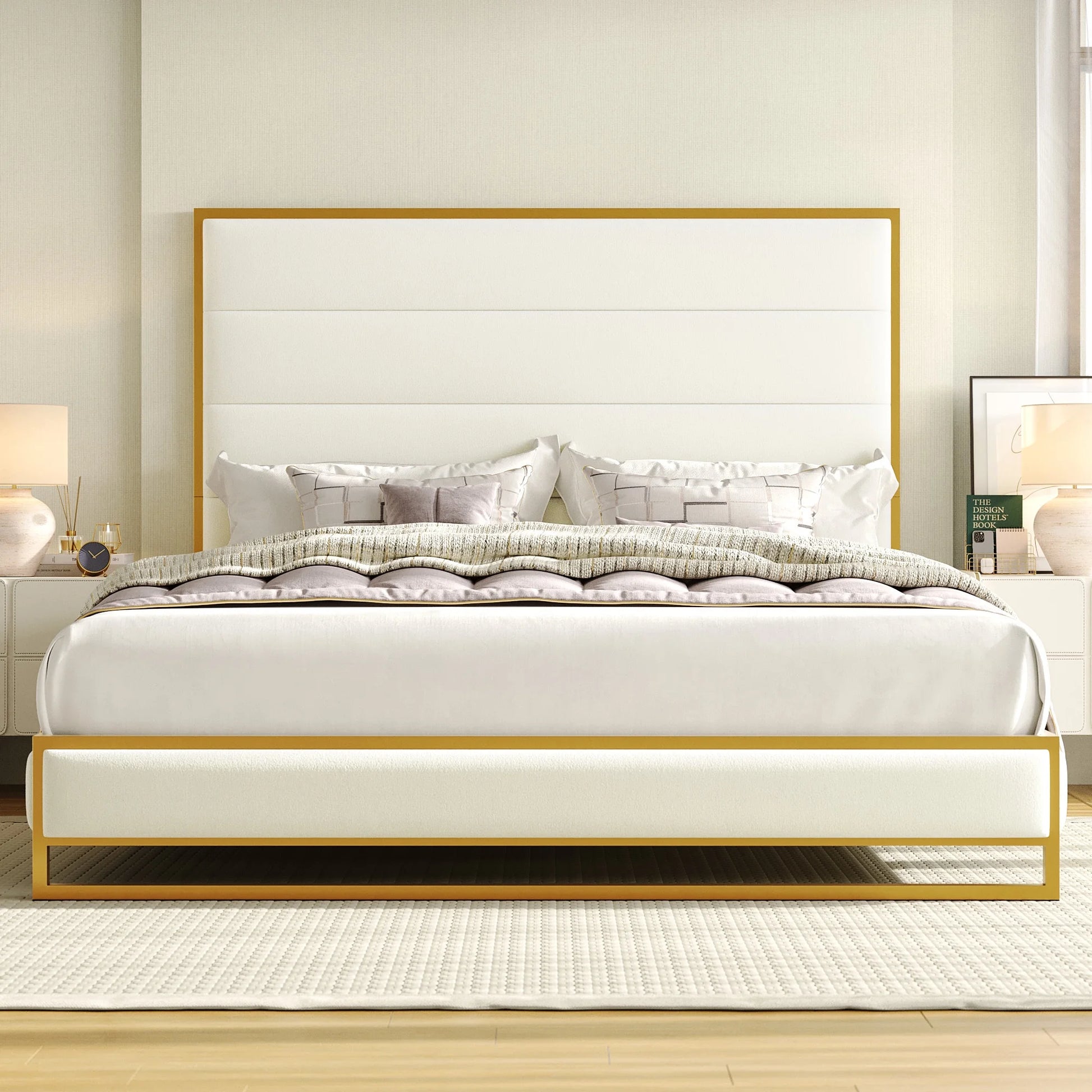 54.5" Tall Bed Frame with Velvet Upholstered Platform Bed with Metal Frame, Off-White King Size