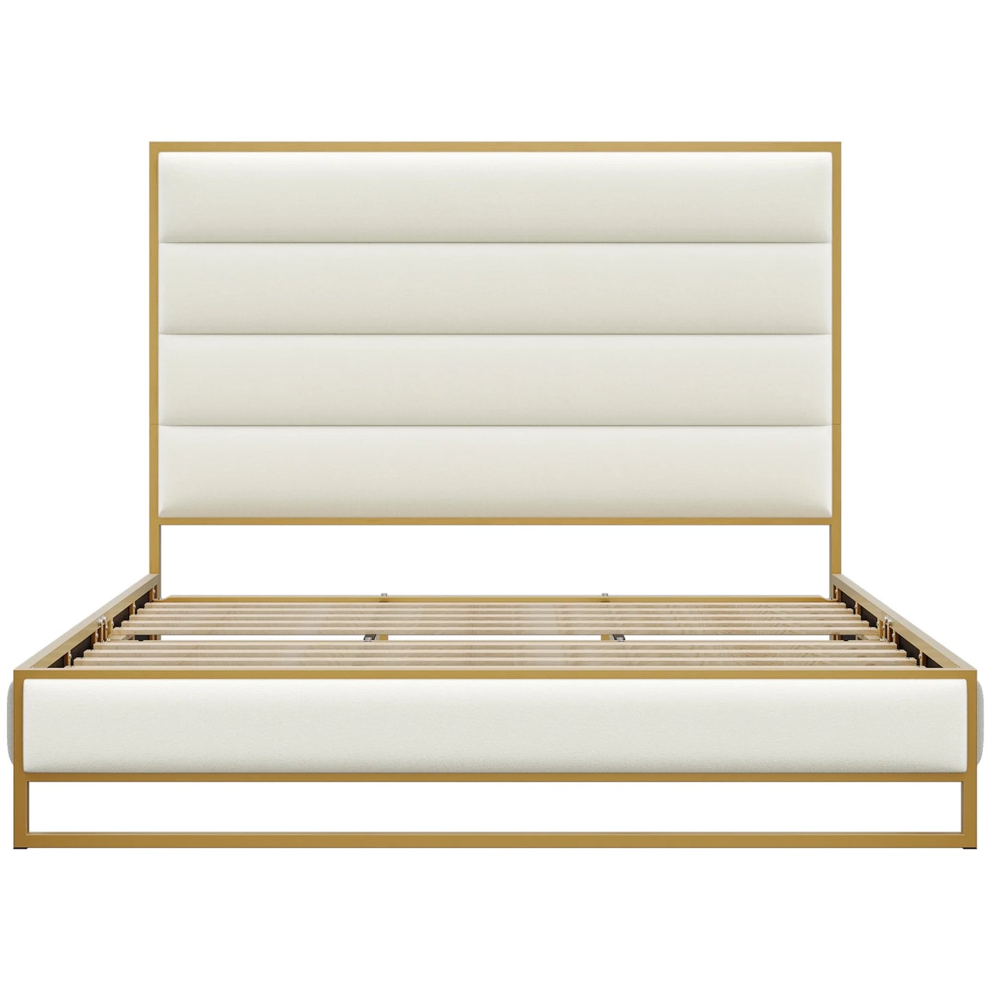 54.5" Tall Bed Frame with Velvet Upholstered Platform Bed with Metal Frame, Off-White King Size