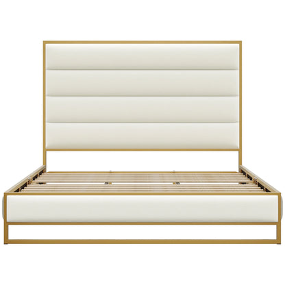 54.5" Tall Bed Frame with Velvet Upholstered Platform Bed with Metal Frame, Off-White King Size