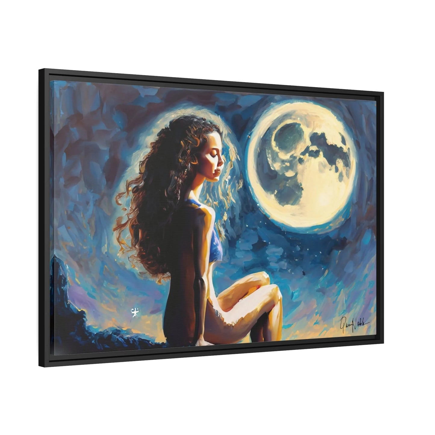 Canvas Wall Art - a Woman on a Rock with a Full Moon by Queennoble