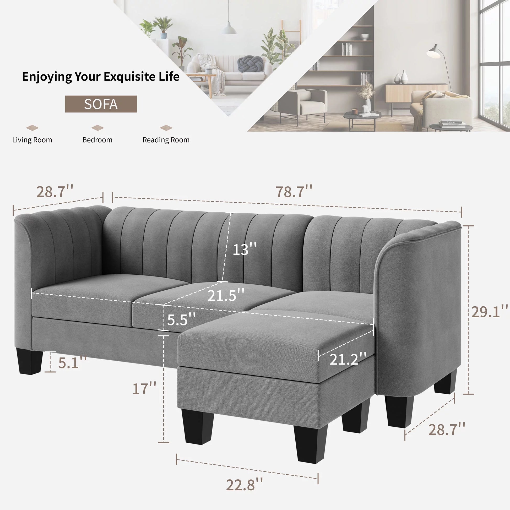 Small 3-Seat L Shaped Sectional Sofa with Linen Fabric, Light Grey