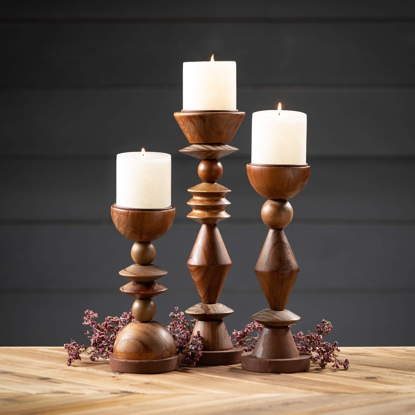 Retro Wood Candleholder Set